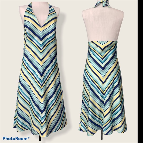 American Eagle Outfitters Dresses & Skirts - AEO Silk Halter Dress Blue Yellow Stripes Size 12